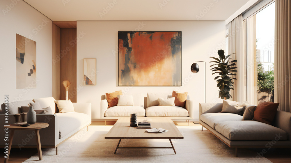 Stylish Living Room Interior with an Abstract Frame Poster, Modern interior design, 3D render, 3D illustration Stylish Living Room Interior with an Abstract Frame Poster, Modern interior design, 3D render, 3D illustration