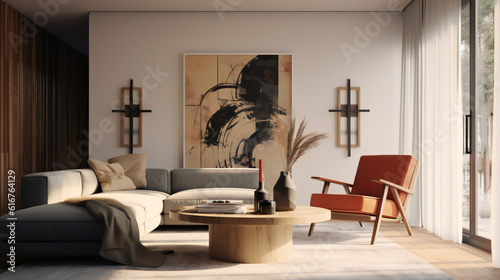 Stylish Living Room Interior with an Abstract Frame Poster, Modern interior design, 3D render, 3D illustration