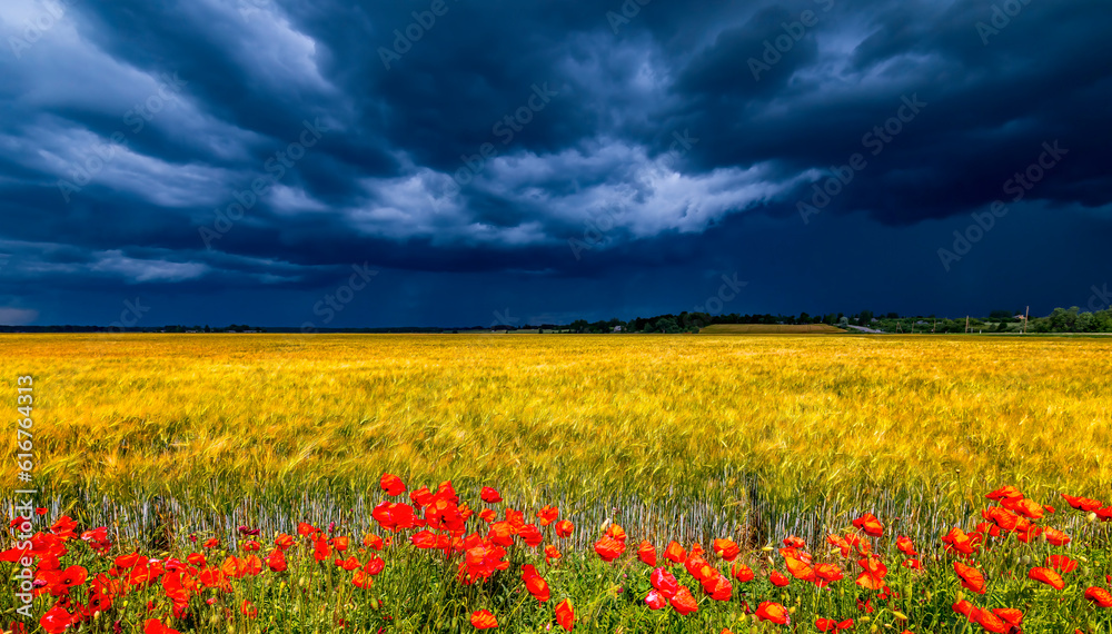 Agricultural or rural landscape with approaching clouds of thunderstorm, field with ripe wheat and blossoming wild poppies as foreground