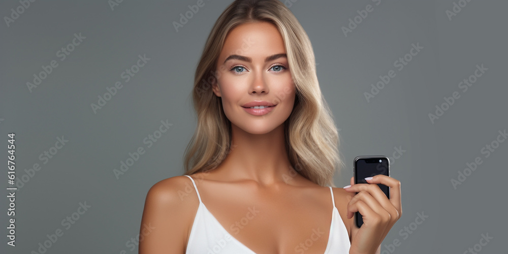 Hübsche elegante junge Frau mit Smartphone lächelt in die Kamera Porträt, ai generativ Hübsche elegante junge Frau mit Smartphone lächelt in die Kamera Porträt, ai generativ