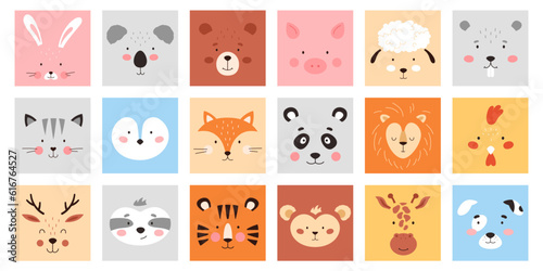 Cute square animal faces set vector illustration. Cartoon isolated farm and wild animal or bird portrait collection for trendy mobile games design, heads and funny muzzles of baby kawaii characters