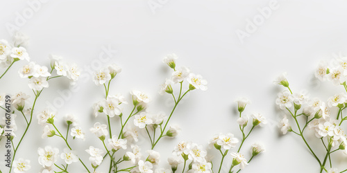 Small white gypsophila flowers on white background. Women's Day, Mother's Day, Valentine's Day, Wedding concept. Flat lay. Top view. Copy space