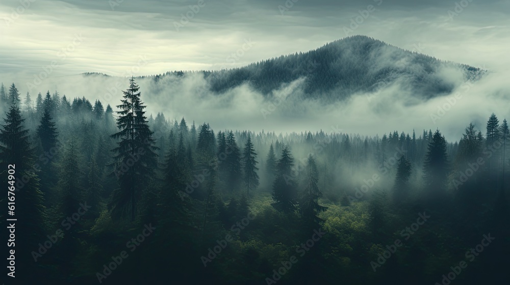 A thick blanket of fog rolling over a forest, shrouding the trees and creating an eerie ambiance. Generative AI.
