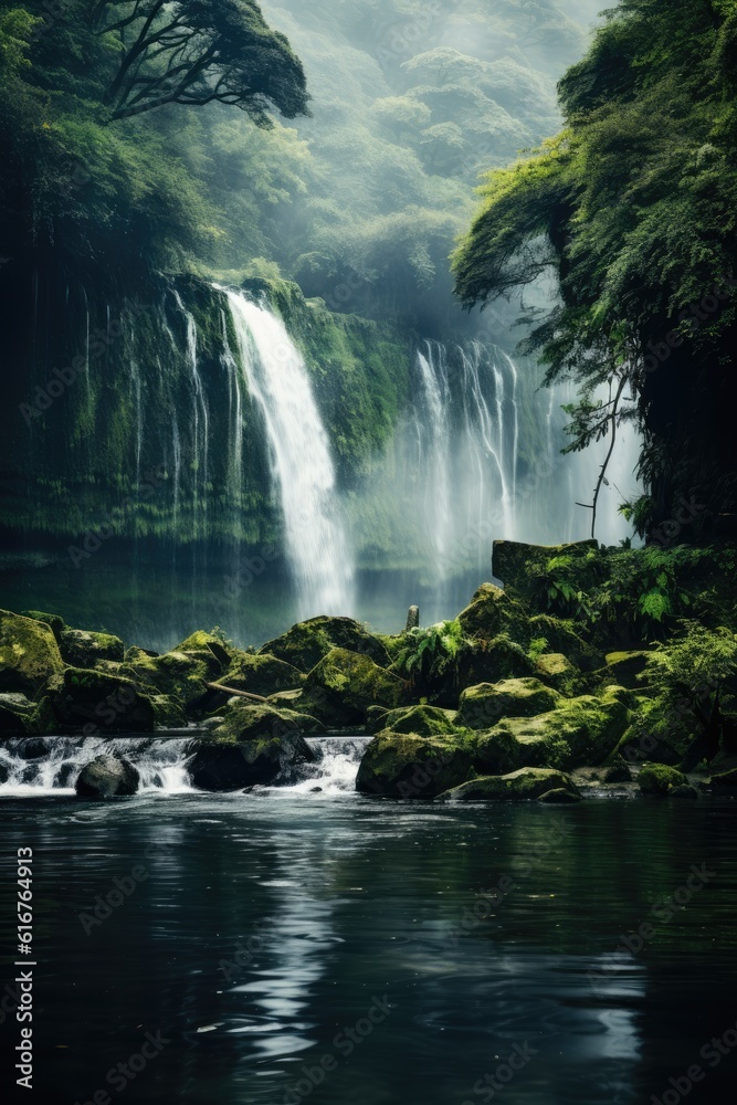 A tranquil scene of a misty waterfall surrounded by lush greenery. Generative AI. A tranquil scene of a misty waterfall surrounded by lush greenery. Generative AI.