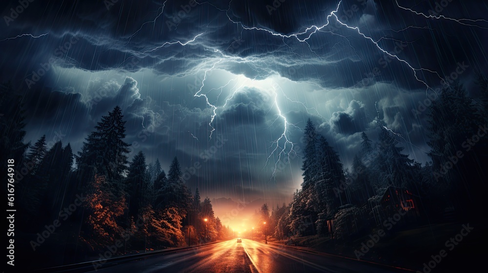A vibrant and energetic scene of a summer thunderstorm, with dark clouds, heavy rain, and flashes of lightning. Generative AI.
