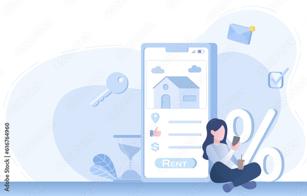 Woman using mobile phone to explore for purchase or rent through online platform. Checking location, price, and rating house interest, view real estate image. Flat vector design illustration.