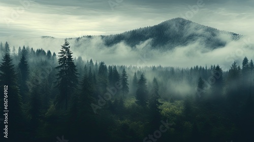 A thick blanket of fog rolling over a forest, shrouding the trees and creating an eerie ambiance. Generative AI. © kept