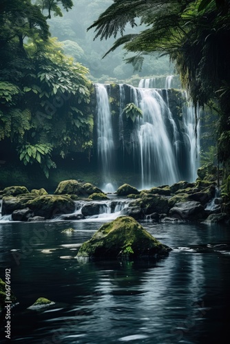 A tranquil scene of a misty waterfall surrounded by lush greenery. Generative AI.