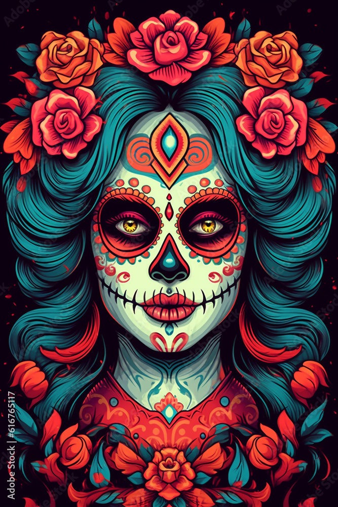La Catrina dia de muertos Figur mit Maske / Make-up. Dekoriert mit Blumen. Tag der Toten in Mexico. Hochkant. Hochformat. Generative Ai. La Catrina dia de muertos Figur mit Maske / Make-up. Dekoriert mit Blumen. Tag der Toten in Mexico. Hochkant. Hochformat. Generative Ai.