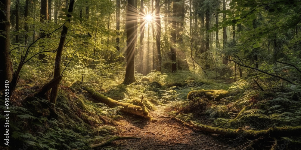 Obraz premium Sunbeams and light morning mist in summer dense deciduous forest. Generative AI