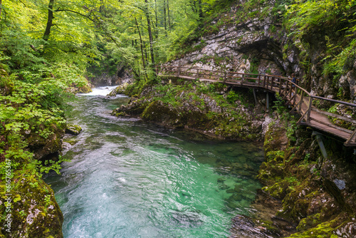 Hiking walkway along Radovna RIver in VIntgar Gorge, Slovenia