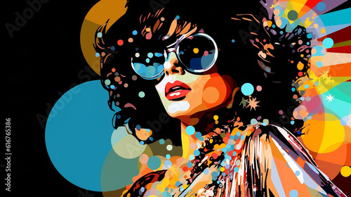 Glamorous disco diva portrait Pop art retro vector illustration. beautiful sexy young woman,  Created using generative AI tools photo