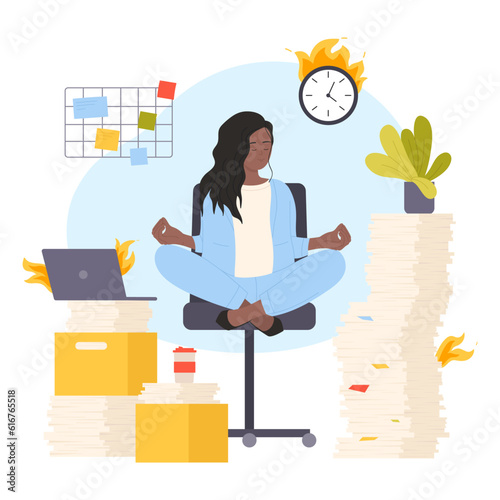 Bureaucracy, problem of deadline and office paperwork organization vector illustration. Cartoon woman sitting in yoga lotus pose among clock in fire, folders and piles of paper documents for sorting