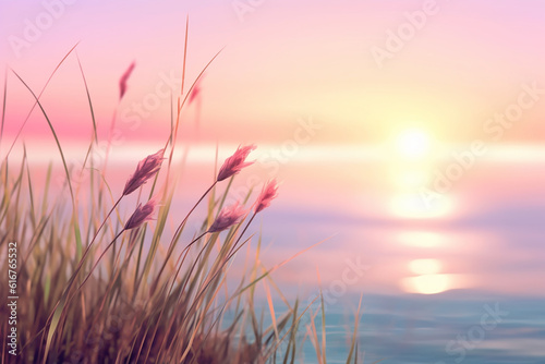Little Grass Stem Close-up with Sunset over Calm Sea   Created with Generative AI Tools © ThePixelCraft