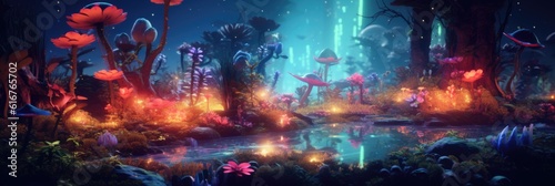 Colorful Neon Light Tropical Jungle Plants in a Dreamlike and Surreal Setting