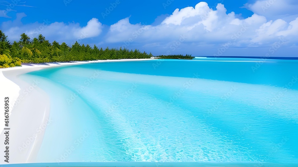 AI-generated content of Beautiful sandy beach with white sand and rolling calm wave of turquoise ocean on Sunny day on background white clouds in blue sky. Island in Maldives, colorful perfect panoram