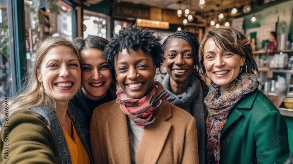 Take a selfie of 5 woman. Women of different races, genders and ages pose for the camera. Generative AI Take a selfie of 5 woman. Women of different races, genders and ages pose for the camera. Generative AI