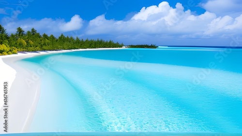 AI-generated content of Beautiful sandy beach with white sand and rolling calm wave of turquoise ocean on Sunny day on background white clouds in blue sky. Island in Maldives, colorful perfect panoram © AyeBeeKayyy