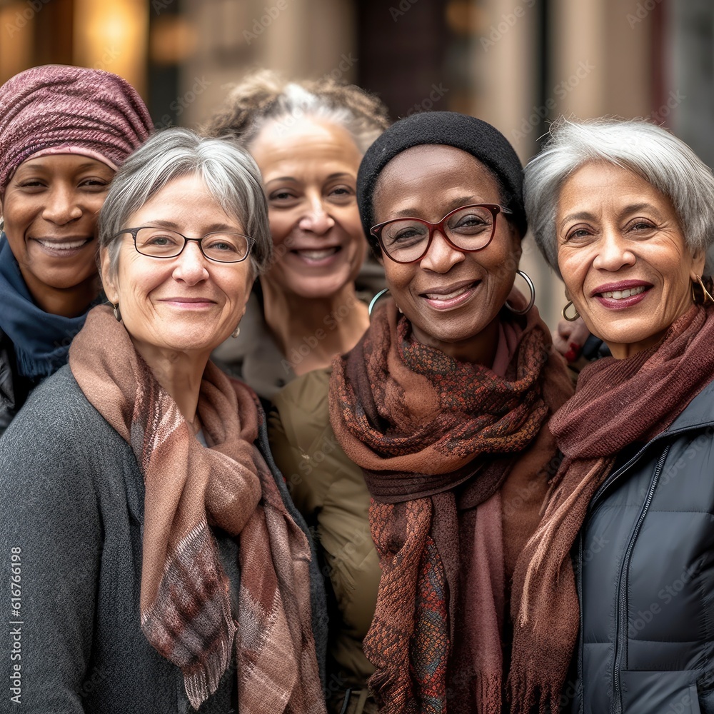 friends from different ethnic backgrounds in their sixties. five beautiful women posing for the camera. Asian, African, American, Caucasian beautiful women. Generative AI friends from different ethnic backgrounds in their sixties. five beautiful women posing for the camera. Asian, African, American, Caucasian beautiful women. Generative AI