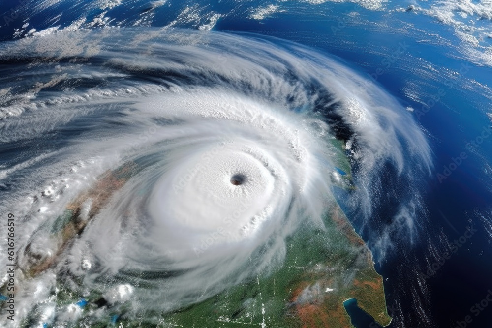 Space view of Hurricane American Ian in the US state of Florida. Shows the effects of climate change on cities.