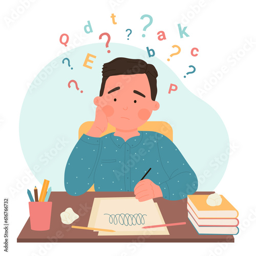 Disability problem of dyslexia, dysgraphia vector illustration. Cartoon isolated learning difficulty scene with anxious kid doing hard homework, struggle with scattered letters of English alphabet