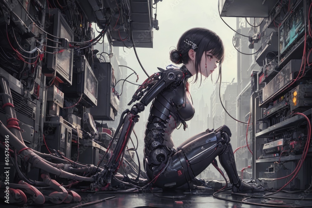 Birth of a Cyberpunk Cyborg: Anime Girl in Futuristic World