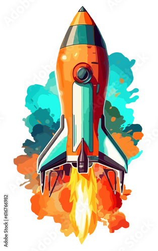 Drawn space rocket with fire and smoke, business startup and business growth concept, transparent background