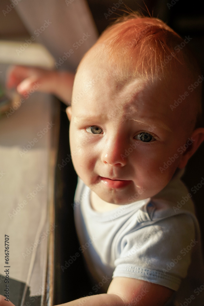 close-up portrait of baby, 10 months old, sweet baby boy, red hair close-up portrait of baby, 10 months old, sweet baby boy, red hair