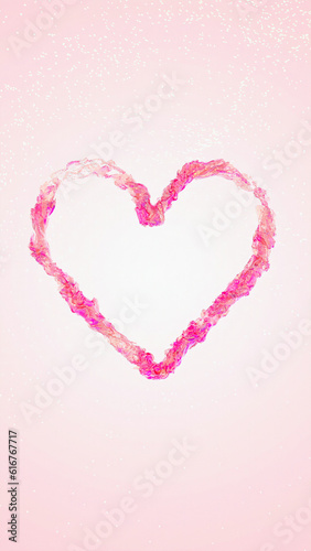 A Mesmerizing Pink Liquid Heart Swirling on a Pink Background with Particles, Evoking a Captivating Sense of Romanticism