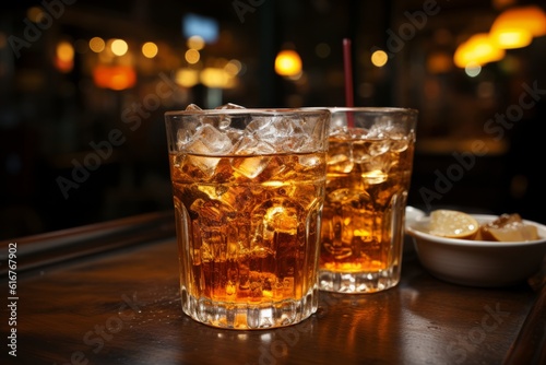 Illustration of a glasses of whiskey soda with ice cubes on a wooden table in a dimly lit room created with Generative AI technology