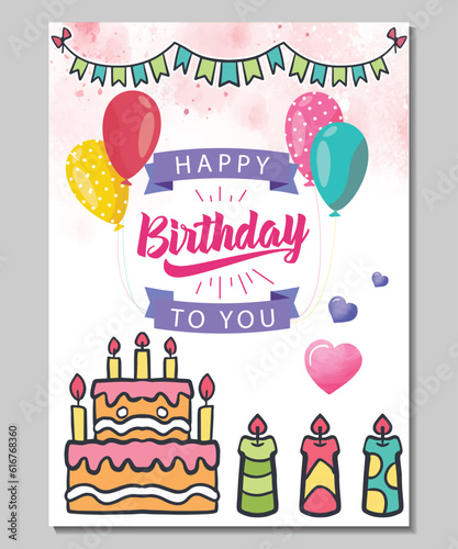 birthday card with balloons, cake, candles, hearts and calm white background