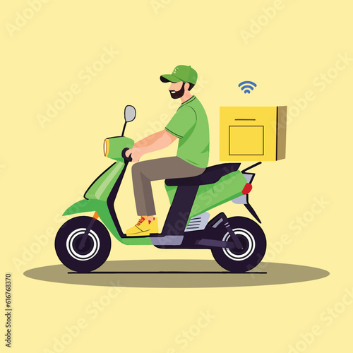 Vector delivery service,delivery guy on motor scooter,fast and free delivery logo with bike man or courier Take away concept illustration.