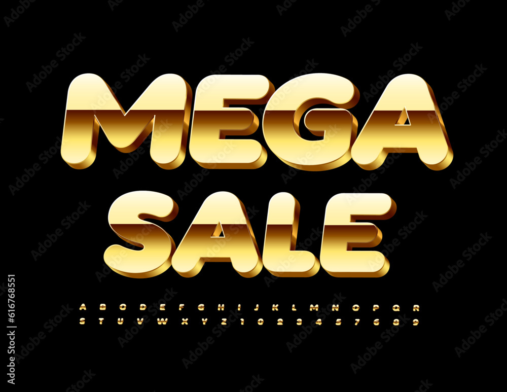 Vector promotional banner Mega Sale. 3D glossy Font. Gold Alphabet Letters and Numbers set Vector promotional banner Mega Sale. 3D glossy Font. Gold Alphabet Letters and Numbers set