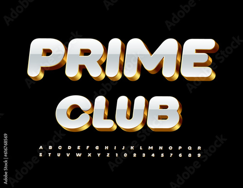 Vector chic Logo Prime Club. Premium 3D Font. Luxury Alphabet Letters and Numbers