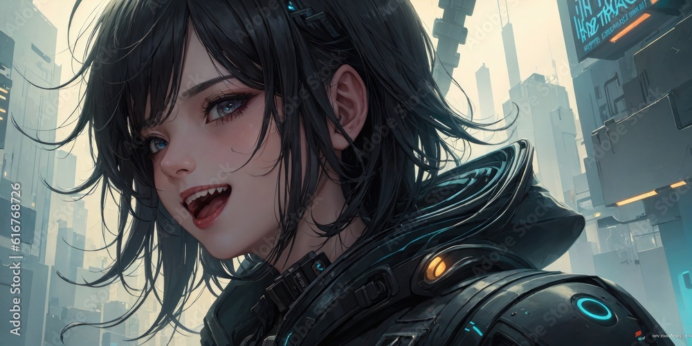 Cyberpunk Sci-Fi Anime Girl in Futuristic City Stock Illustration ...