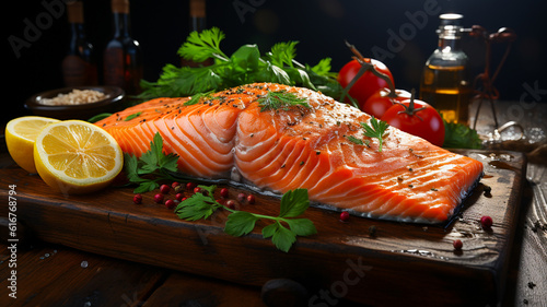 Raw salmon meat, salmon cooked on an old wooden slab, various herbs, kaffir lime leaves, lemongrass, mint leaves, garlic and spices. Add flavor and aroma Black pepper or white pepper, Generative AI