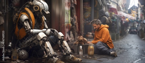 Cyborg and Dog in Crowded Street - Artificial Intelligence Moral and Ethical Issues Concept © Аrtranq