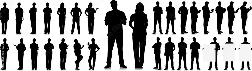Silhouette set of healthcare worker. Happy smiling doctor with a stethoscope. Male and female nurse in blue uniform poses. Different color options. Vector flat style illustration set isolated on white Silhouette set of healthcare worker. Happy smiling doctor with a stethoscope. Male and female nurse in blue uniform poses. Different color options. Vector flat style illustration set isolated on white