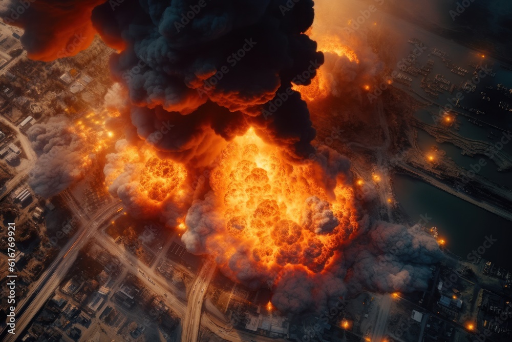 Aerial view of massive explosions and power plant fires.