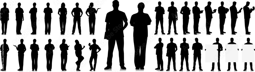 Silhouette set of healthcare worker. Happy smiling doctor with a stethoscope. Male and female nurse in blue uniform poses. Different color options. Vector flat style illustration set isolated on white Silhouette set of healthcare worker. Happy smiling doctor with a stethoscope. Male and female nurse in blue uniform poses. Different color options. Vector flat style illustration set isolated on white