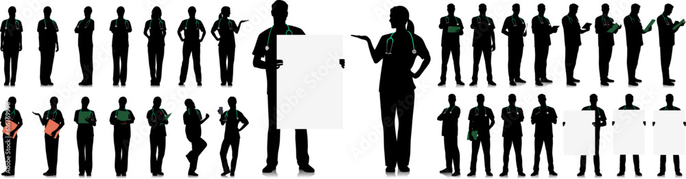 Silhouette set of healthcare worker. Happy smiling doctor with a stethoscope. Male and female nurse in blue uniform poses. Different color options. Vector flat style illustration set isolated on white Silhouette set of healthcare worker. Happy smiling doctor with a stethoscope. Male and female nurse in blue uniform poses. Different color options. Vector flat style illustration set isolated on white