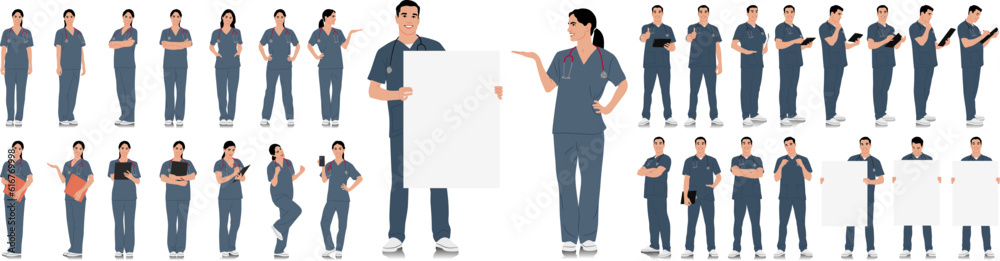 Hand-drawn healthcare worker set. Happy smiling doctor with a stethoscope. Male and female nurse in blue uniform poses. Different color options. Vector flat style illustration set isolated on white Hand-drawn healthcare worker set. Happy smiling doctor with a stethoscope. Male and female nurse in blue uniform poses. Different color options. Vector flat style illustration set isolated on white