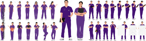 Hand-drawn healthcare worker set. Happy smiling doctor with a stethoscope. Male and female nurse in blue uniform poses. Different color options. Vector flat style illustration set isolated on white