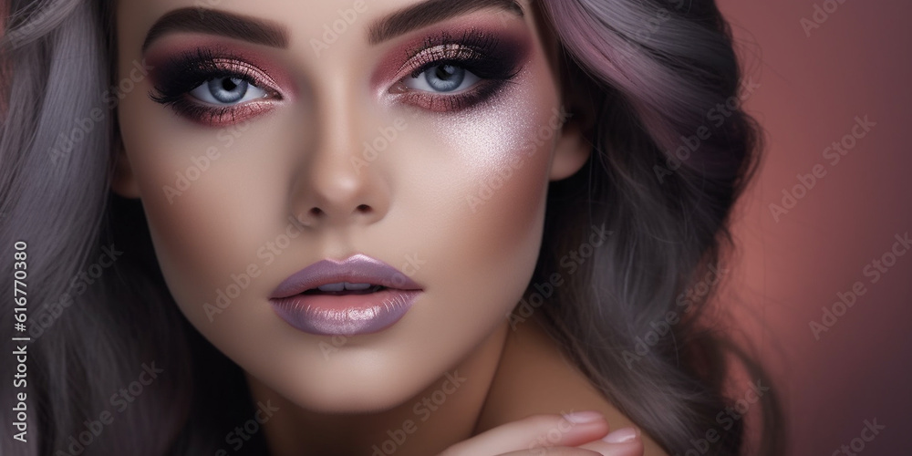Hübsche Model Frau mit spezialen Foto Makeup Nude Visagistik Smokey Eyes Nahaufnahme, ai generativ Hübsche Model Frau mit spezialen Foto Makeup Nude Visagistik Smokey Eyes Nahaufnahme, ai generativ