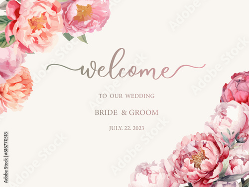 Welcome wedding sign. Calligraphy with watercolor botanical peonies. Abstract floral art background vector design for wedding invitation and vip cover template.