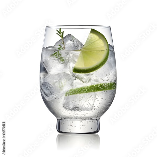 glass of water with lime gin tonic isolated on white background