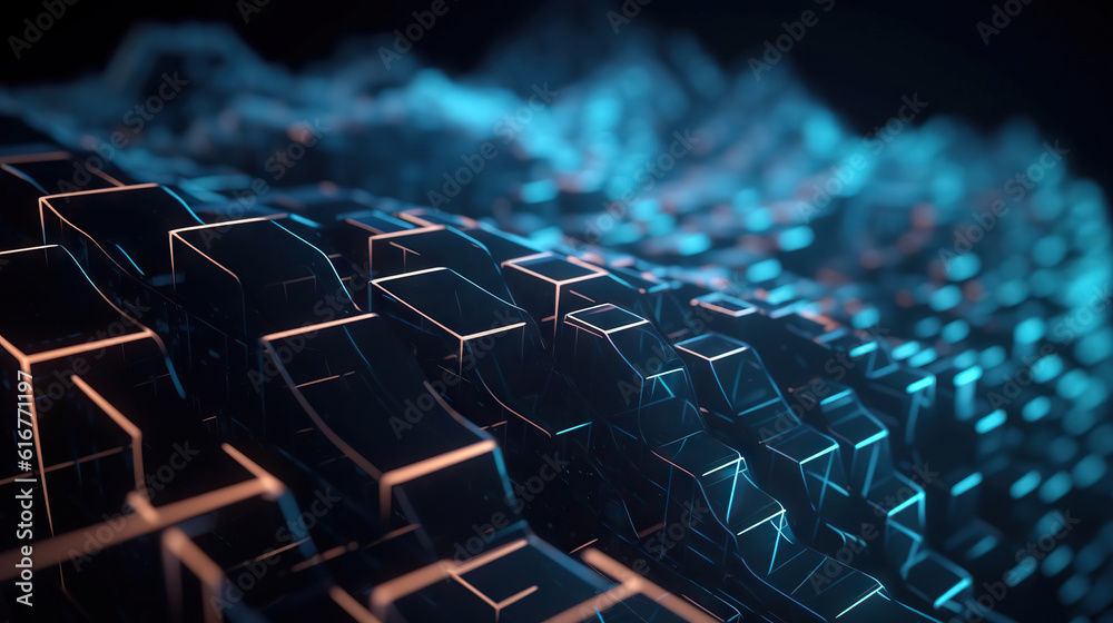 Fototapeta premium Modern digital abstract 3D background. Copy space. Can be used in the description of network abilities, technological processes, digital storages, science, education, etc.