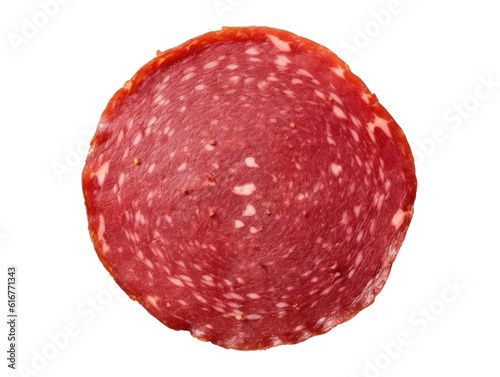Round slice of salami isolated on transparent background, top view, Generative AI