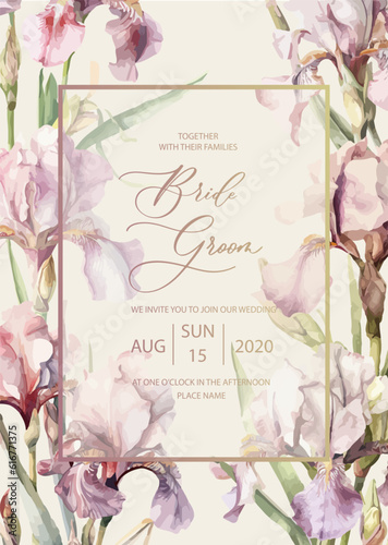 Wedding invitation card background with watercolor botanical flowers iris. Abstract floral art background vector design for wedding invitation and vip cover template.