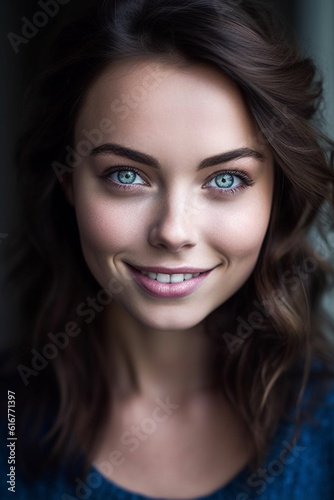 Ai image of a young brunette girl with blue eyes